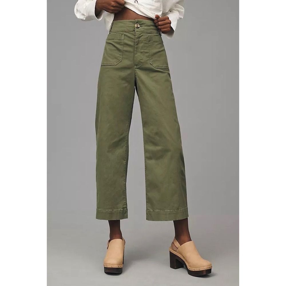 Maeve Anthropologie The Colette Wide Leg Cropped Pants Green Linen Blend 26